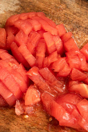 Close up view of chopped raw tomatoes, fresh healthy ingredient