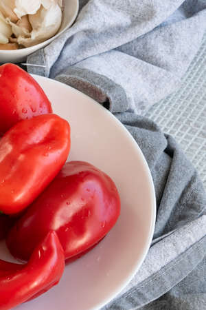 Preparing  stuffed red peppers with  rice and vegetables. Vegetarian. vegan healthy eatingの写真素材
