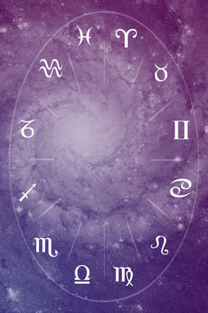 Illustration of astrology themes. Twelve signs of the zodiac on bright abstract background, space...