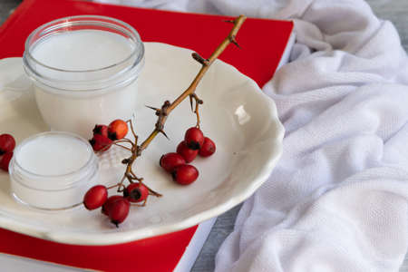 Organic cosmetics with rosehip extract, natural wellness beauty productsの写真素材