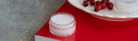 Organic cosmetics with rosehip extract, natural wellness beauty productsの写真素材