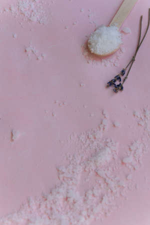 Natural wellness beauty ingredients on pink background. Health care spa therapy with sea salt and lavender,  super food for the skinの写真素材
