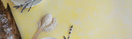 Natural wellness beauty ingredients on pink background. Health care spa therapy with oat, sea salt...
