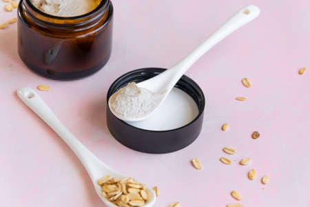 Hygiene bath product. Body, face scrub with biological oats. Wellness therapy regeneration