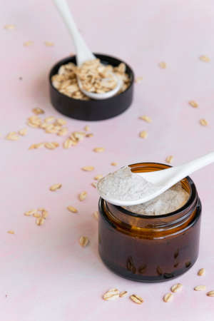 Hygiene bath product. Body, face scrub with biological oats. Wellness therapy regenerationの写真素材