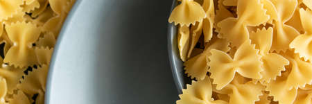Food background - dry farfalle pasta on grey plate, whole wheat uncooked ingredient, space for textの写真素材