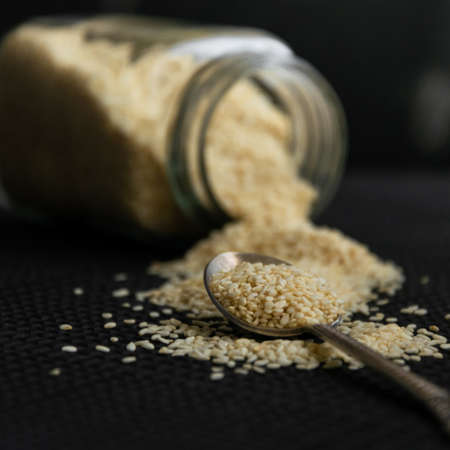 Close up view of dry sesame seeds. Natural oil-rich foodの写真素材