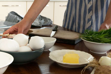 Home cooking, woman preparing food with healthy ingredientsの写真素材
