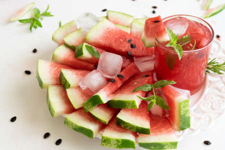 Homemade fresh watermelon drink, summer refreshing smothie with fresh friuts
