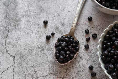 Fresh picked blueberries on table, healthy seasonal raw fruitsの写真素材