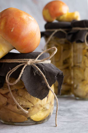 Conserved mushrooms (amanita caesarea). Homemade mushrooms conservationの写真素材