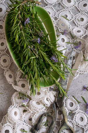 Close up of rosemary leaves, healthy herb food produce, food ingredientsの写真素材