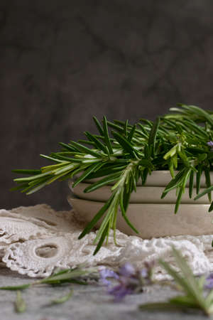 Close up of rosemary leaves, healthy herb food produce, food ingredientsの写真素材