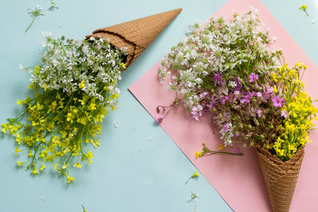 Waffle ice cream cones filled with fresh blossom wild flowersの写真素材