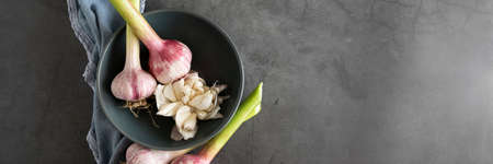 Fresh raw garlic on grey backgroundの写真素材