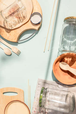 Eco friendly reusable kitchen utensils. Ecology, recycling, no plastic, zero waste conceptの写真素材