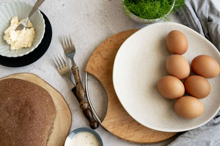 Ingredients for healthy farm cooking - eggs, whole wheat black bread, goat cream cheese and fresh raw fennelの写真素材