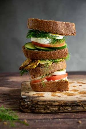 Homemade sandwiches with whole wheat bread, cream goat cheese, eggs, grilled zucchini and raw dillの写真素材