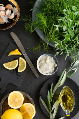 Ingredients for making herbal pesto sauceの写真素材