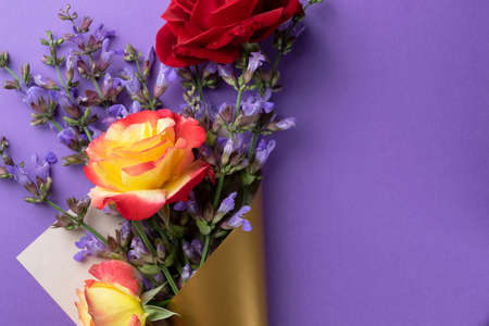 Greeting banner with blossom sage and roses, space for textの写真素材
