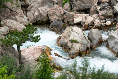 Scenic river view of Albanian nature. Alpin environment background, traveling conceptの写真素材