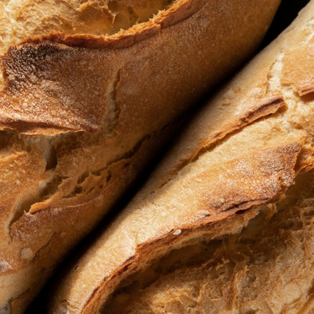 Close up of french crusty baguette, bread bakery themes