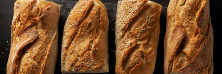 Close up of french crusty baguette, bread bakery themes