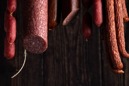 Salami food ingredients, meat production, food industryの写真素材