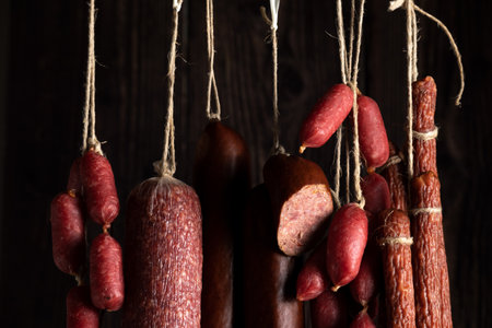 Salami assortment background, meat production, food industryの写真素材