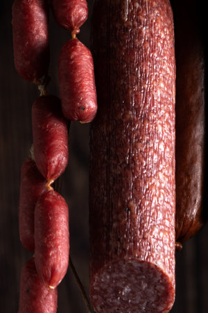 Salami assortment background, meat production, food industryの写真素材