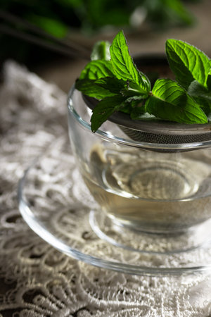 Table with mint and herbal tea, hot drink themesの写真素材