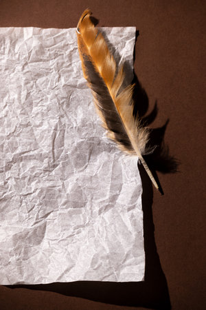 Warm brown background with a blank sheet of paper and a feather. Top view, minimal cozy retro style in warm colors, space for text.の写真素材