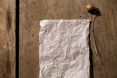 Aged rustic background with empty paper and dry wildflowers. Top view, vintage boho style, space for textの写真素材