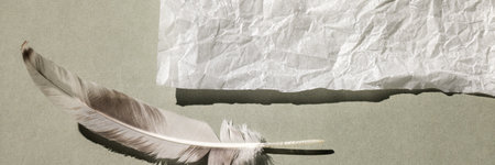 Monochrome background with a blank sheet of paper and a feather. Top view, minimal style, space for text.の写真素材