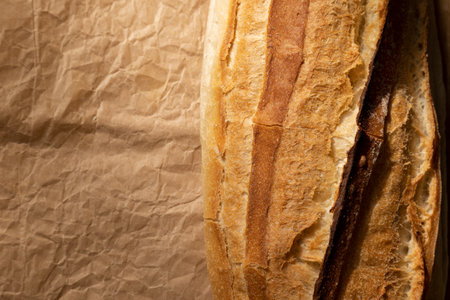 Homemade crusty whole grain bread. Genuine food products.Space for textの写真素材