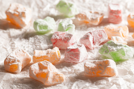 Traditional Turkish sweets, different types of lokum on kitchen paperの写真素材