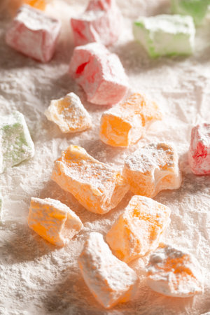 Traditional Turkish sweets, different types of lokum on kitchen paperの写真素材