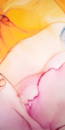 Colorful marble surface in orange, blue and pink tones with glitter effect. Modern abstract stone background.の写真素材