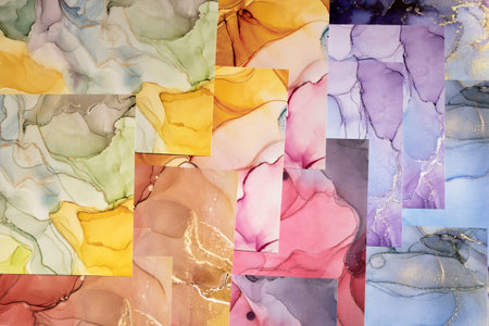 Marble slabs surface in different colors with glitter effect. Modern abstract stone background.の写真素材