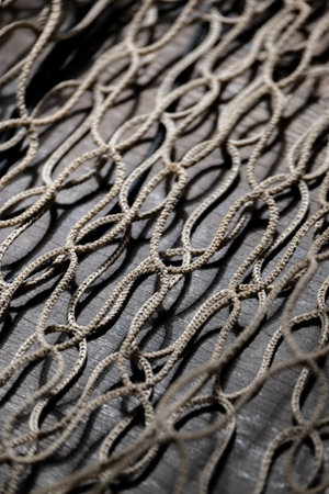 Fishing net on rustic old wood, fishing concept, art craft themesの写真素材