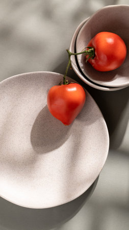 Flat lay of gray monochrome plates and tomatoes. Culinary concept with space for textの写真素材