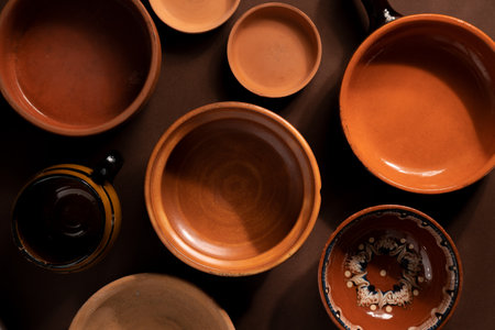 Arrangement of ceramic plates on brown background. Earthenware pottery objects, space for text.の写真素材