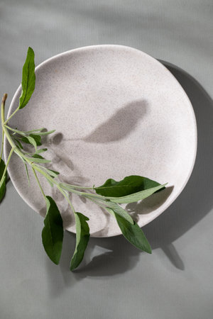 Flat lay of gray monochrome plates with sage. Culinary concept with space for textの写真素材