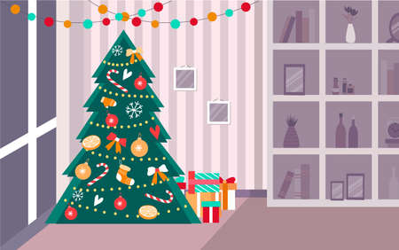 Living room decorated for christmas and new year. Vector New Year s interior in flat style.のイラスト素材