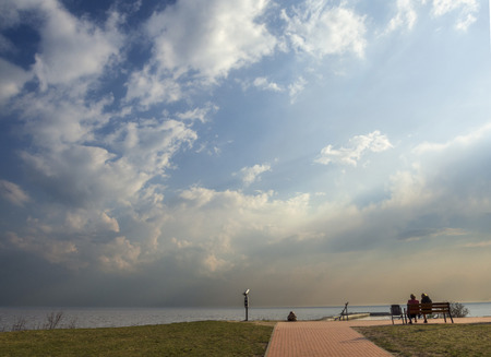 Sunset in the Curonian Lagoon before the storm in Klaipeda, Lithuaniaの写真素材
