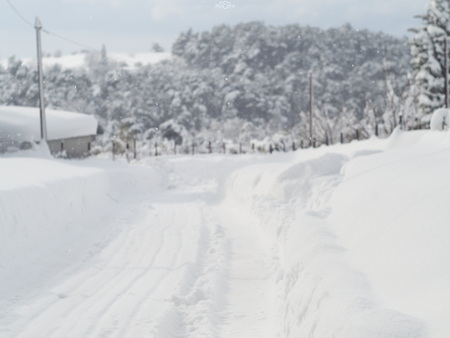 Panoramic view Wonderful winter with lots of snow and snow drifts in a Greek village on the island of Evia, Greeceの写真素材