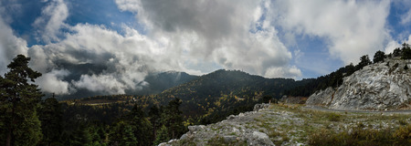 Panoramic view from above on the forests and serpentine of the Greek island of Evia with the sea and clouds on the horizon on a sunny dayの写真素材