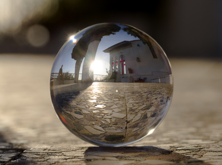 Greek church in a glass ballの写真素材