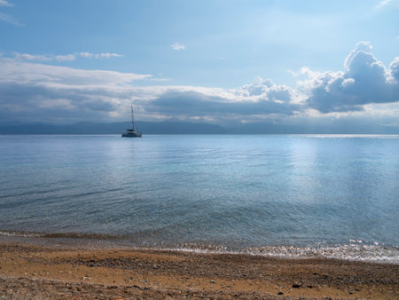 Sailing boat on the seashore in the morning. Greece.の写真素材