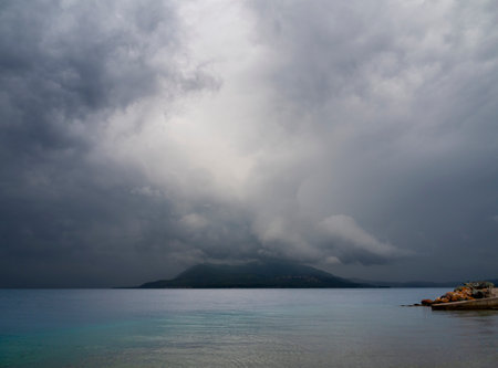 Stormy sky over the sea, Kefalonia, Greeceの写真素材